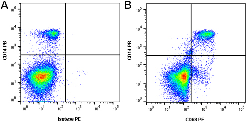 A, Pacific Blue conjugated Mouse Anti-Human CD14 (MCA1568PB) and RPE conjugated Mouse IgG2b Isotype Control (MCA691PE). B, Pacific Blue conjugated Mouse Anti-Human CD14 (MCA1568PB) and RPE conjugated Mouse Anti-Human CD68 (MCA6014PE). All experiments performed on red cell lysed human blood, fixed and permeabilized with Leucoperm (BUF09) gated on mononuclear cells in the presence of 10% human serum. Data acquired on the ZE5™ Cell Analyzer.
