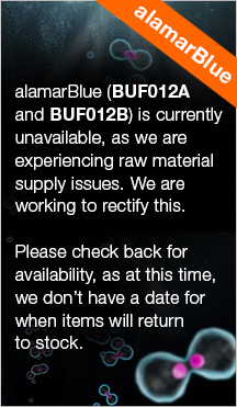alamarBlue (BUF012A and BUF012B) is currently unavailable, as we are experiencing raw material supply issues. We are working to rectify this. Please check back for availability, as at this time, we don’t have a date for when items will return to stock. 