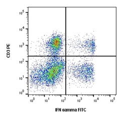 Cells stimulated with PMA and ionomycin for 5 hours in the presence of brefeldin A (BUF075) were stained with RPE conjugated mouse anti human CD3 (MCA2184PE) and FITC conjugated mouse anti human IFN-gamma.