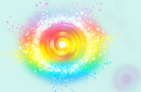 A glowing rainbow swirl of red, orange, yellow, green, blue and violet light, surrounded by scattered sparkles and soft bubbles against a pale mint background.